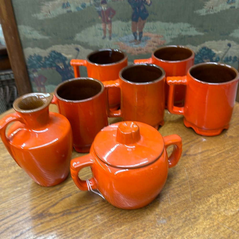 Vintage, MCM brown and orange, pottery, mugs, bowl and small pitcher, Frankoma